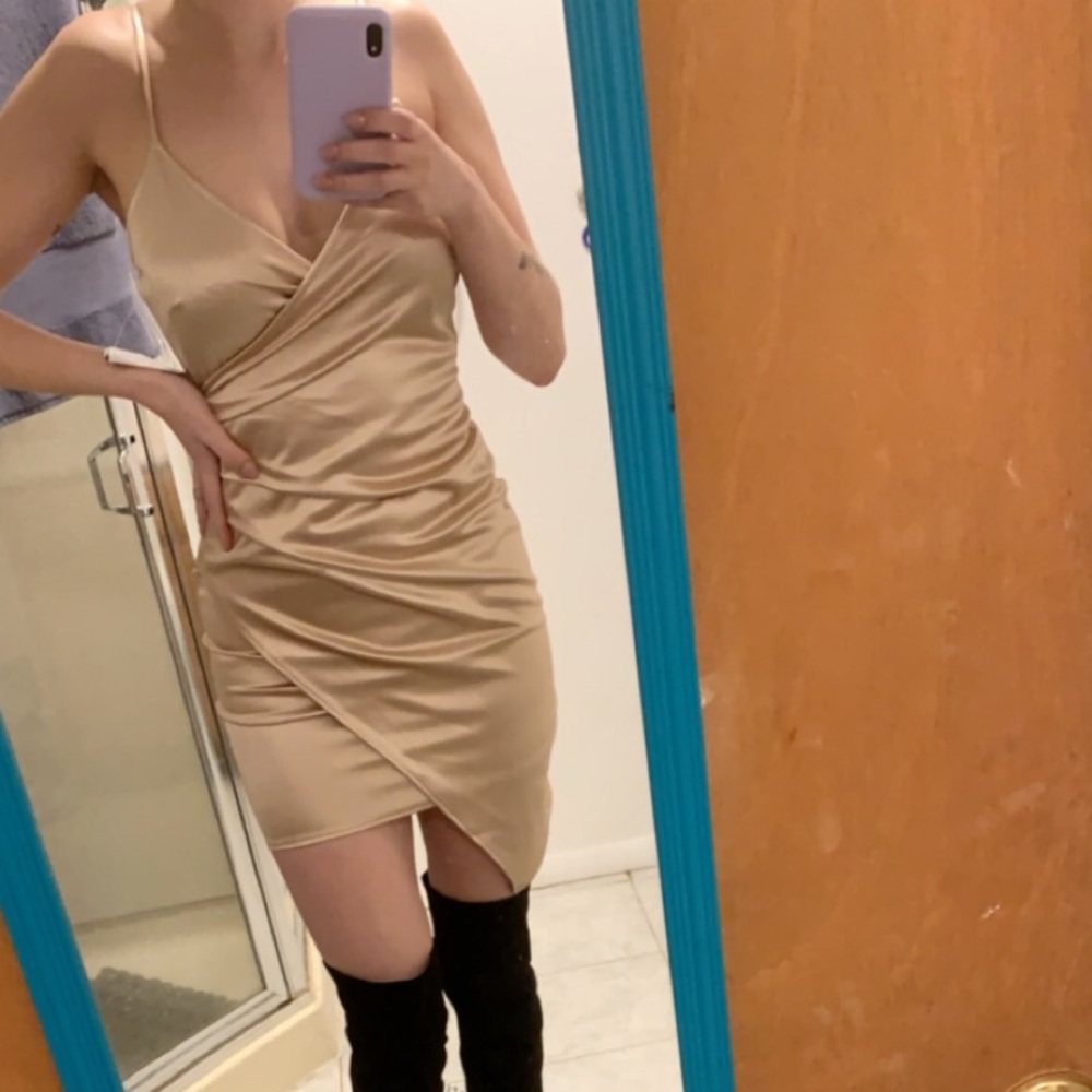 Satin gold bodycon wrap dress